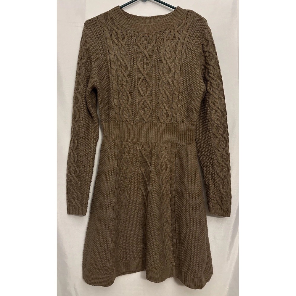 Women's Cable Knit Long Sleeve Sweater Dress Brown 100% Acrylic A Line M